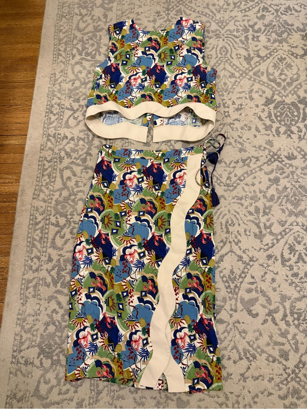 Fate Two-Piece Floral Crop Top and Skirt Set in Blue, Green, Navy, Cream